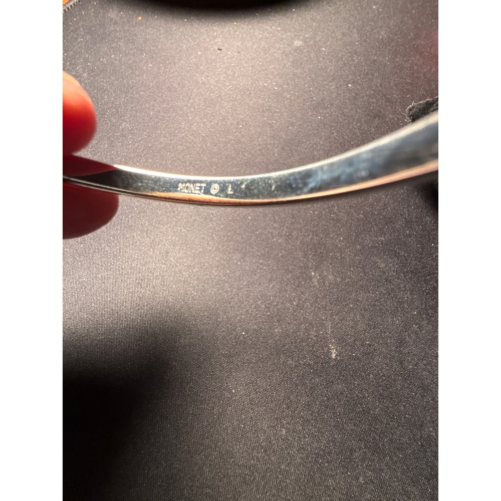 Monet Silver Tone Faceted Bangle Bracelet Geometric Textured Slip On Large - Picture 3 of 4